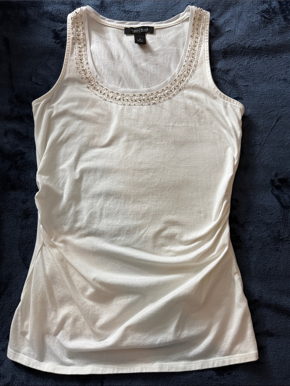 WHBM White Beaded Scoop Neck Side Ruched Tank Top Small